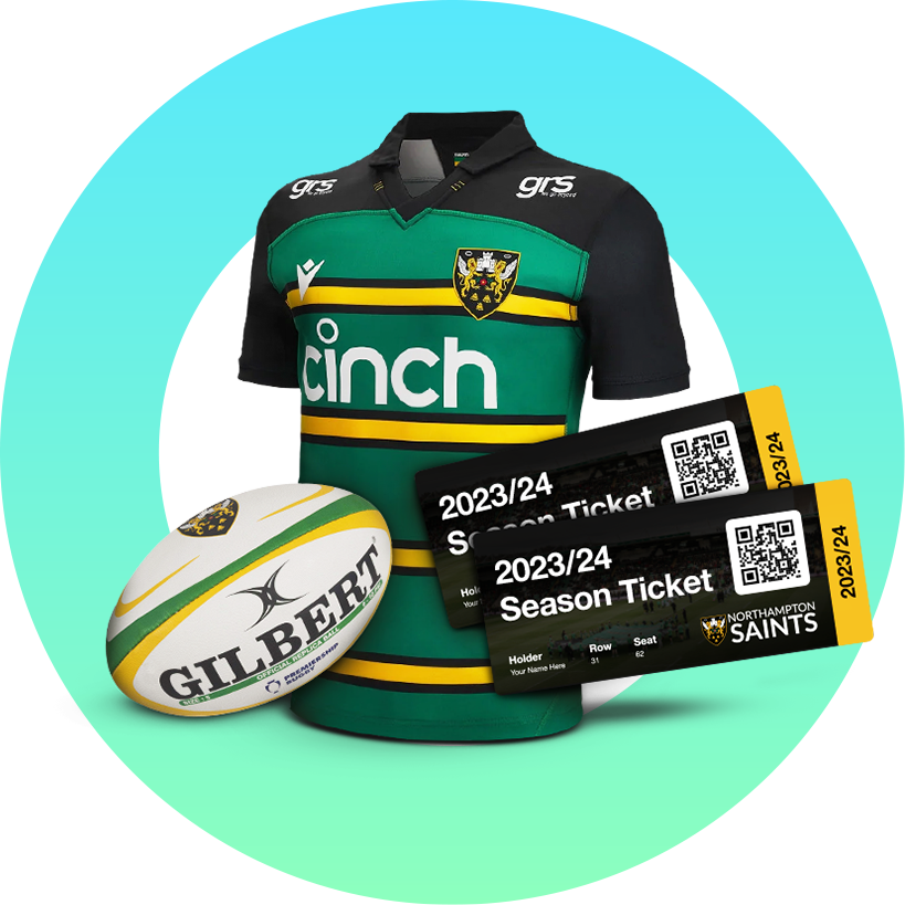 An image of a cinch Saints jersey, season tickets and a rugby ball.
